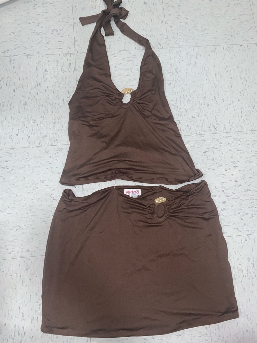 Brown Halter Top and Skirt Set with Gold Accent madrag women xl X-Large